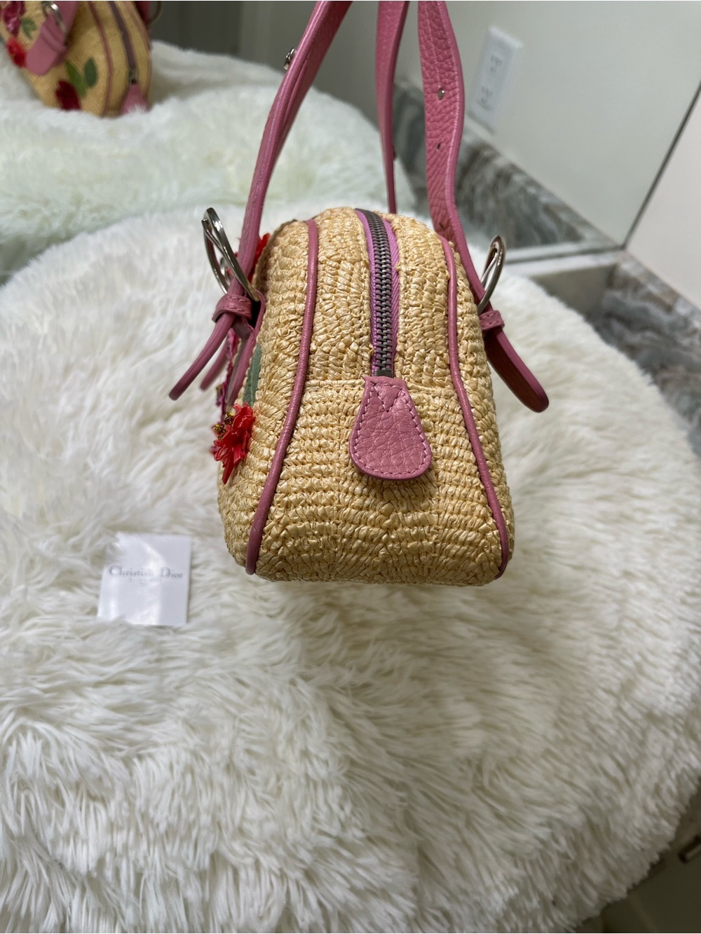 Limited Edition 2005 Dior Floral Wicker and Pink Raffia Flower Vintage Hand Bag - Picture 3 of 8